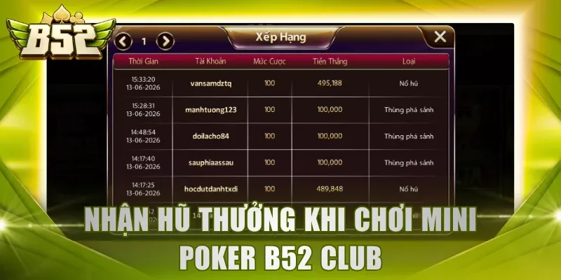 Nhận hũ thưởng khi chơi mini Poker B52 Club